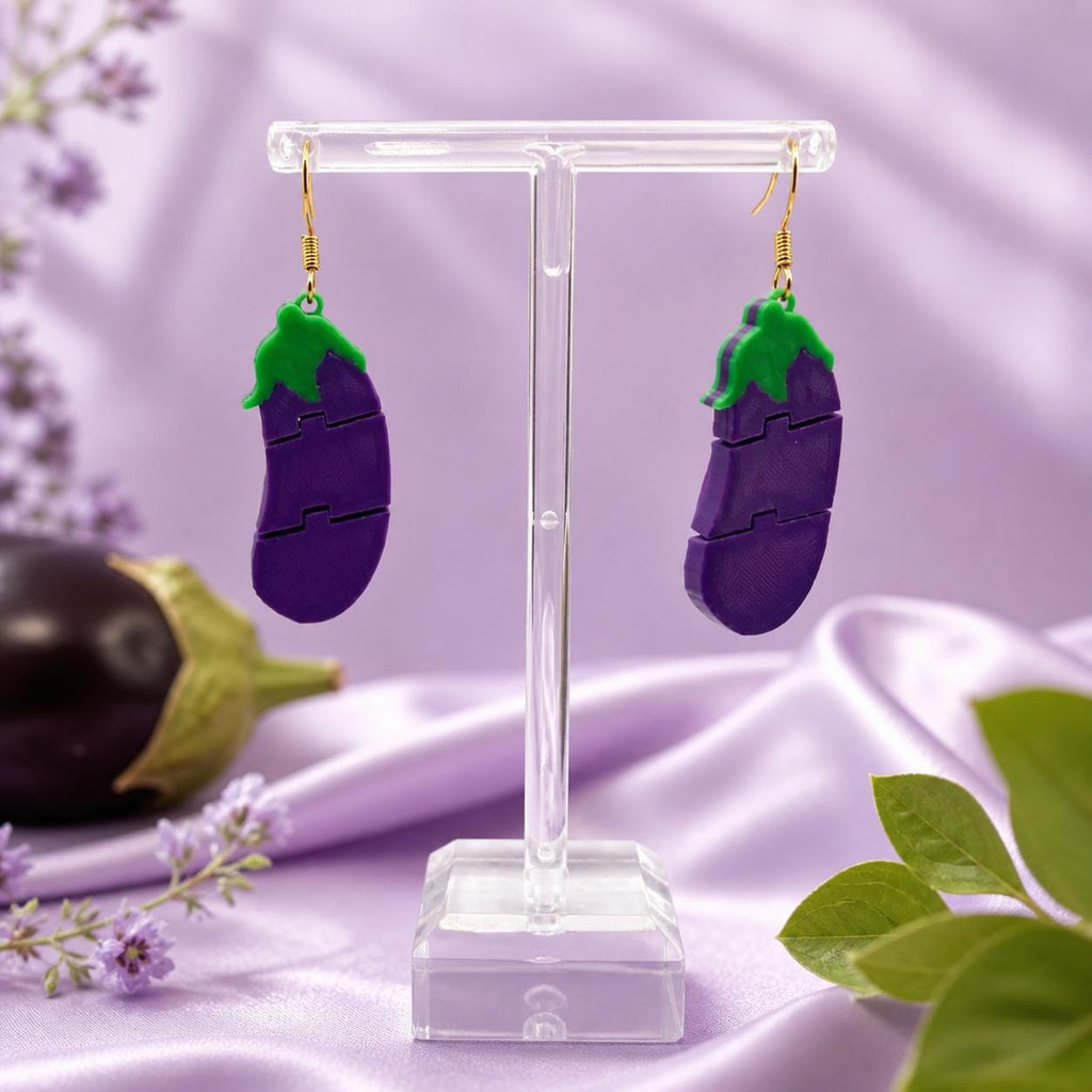 Eggplant Emoji Earrings, 3D Printed Articulated Dangle, Funny Festival Jewelry