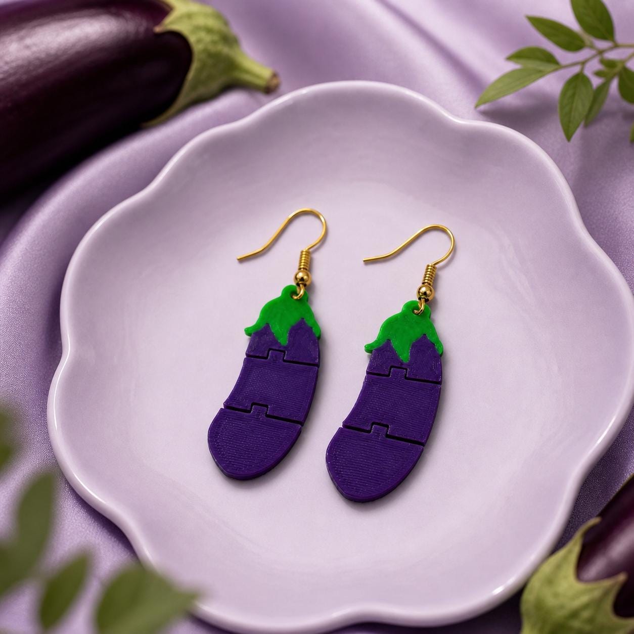 Eggplant Emoji Earrings, 3D Printed Articulated Dangle, Funny Festival Jewelry