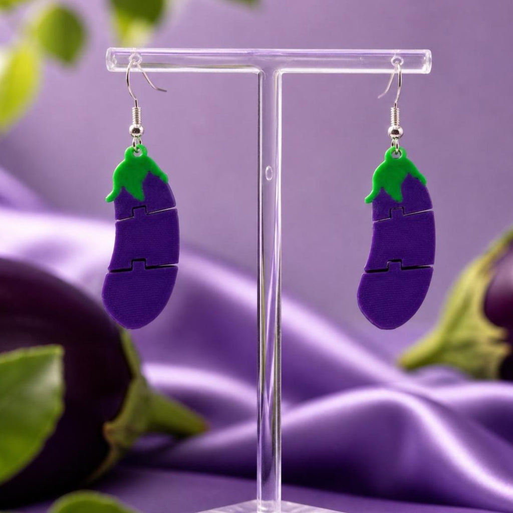 Eggplant Emoji Earrings, 3D Printed Articulated Dangle, Funny Festival Jewelry