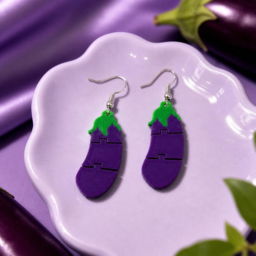Eggplant Emoji Earrings, 3D Printed Articulated Dangle, Funny Festival Jewelry