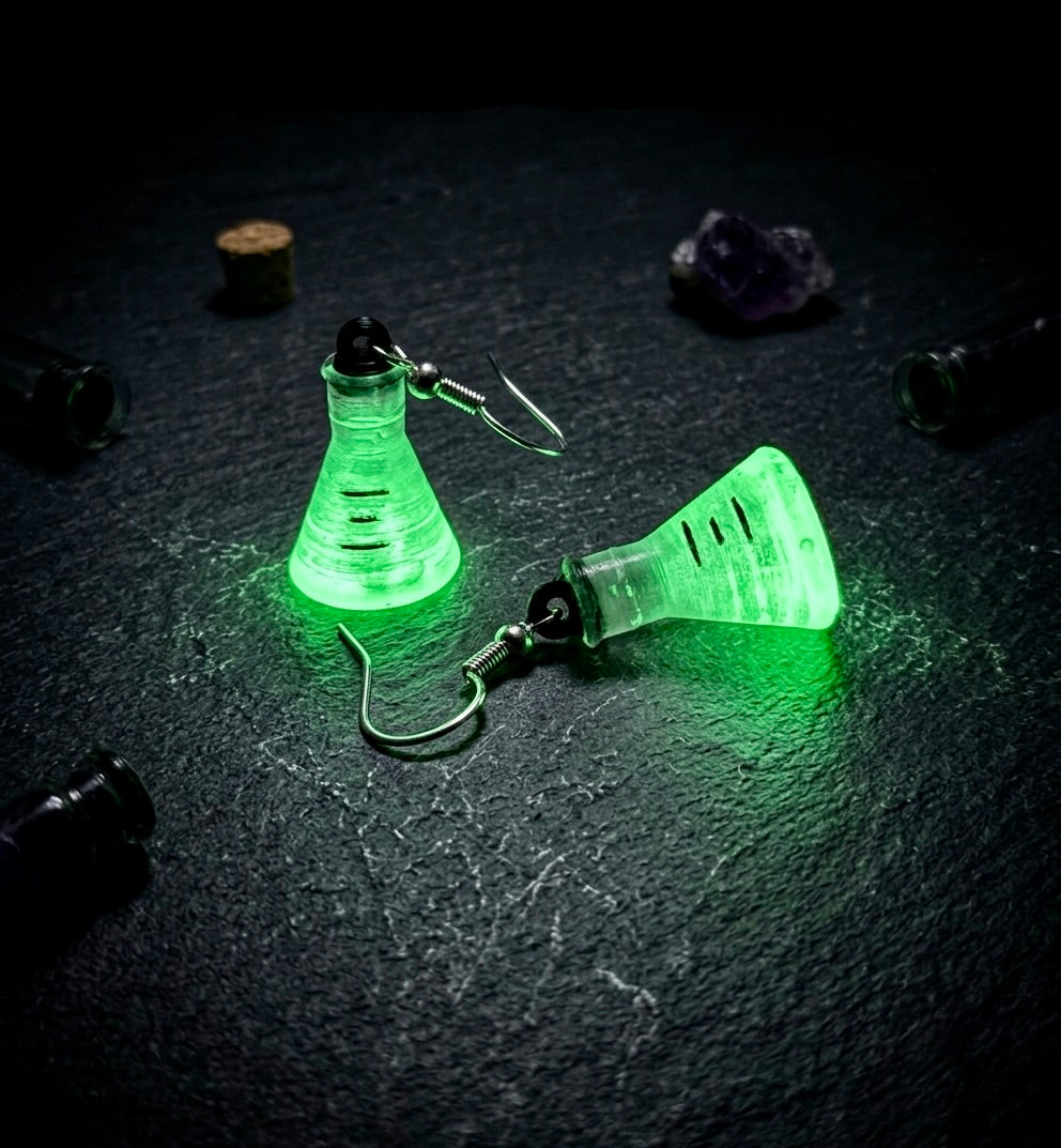 Glowing Laboratory Flask Earrings, 3D Printed Science Jewelry