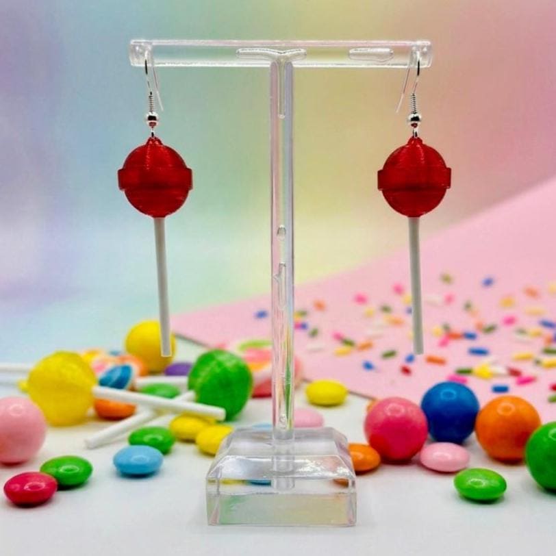 Red Lollipop Earrings, 3D‑Printed Candy Dangles for Raves & Festivals