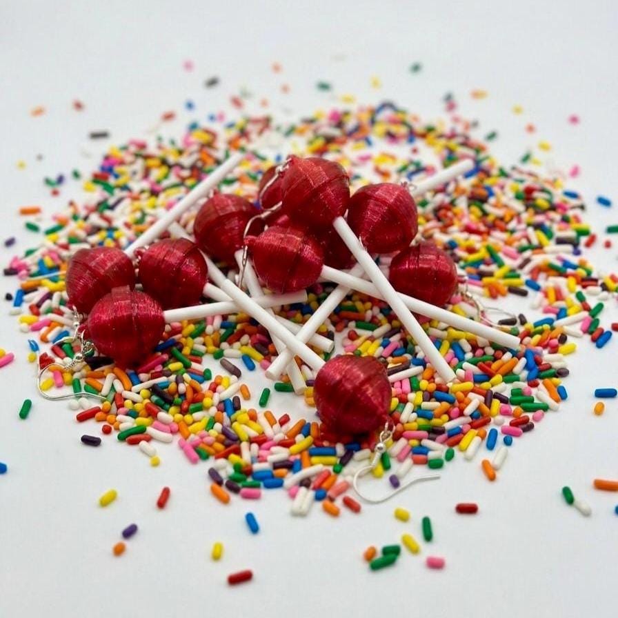 Red Lollipop Earrings, 3D‑Printed Candy Dangles for Raves & Festivals