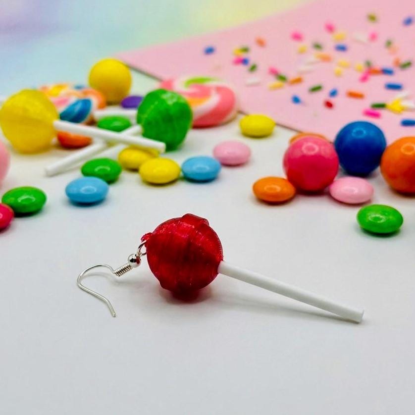 Red Lollipop Earrings, 3D‑Printed Candy Dangles for Raves & Festivals