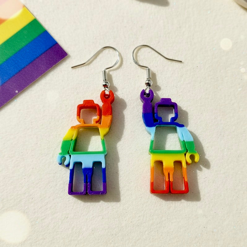 Gay Pride Minifig Earrings, 3D Printed Queer Jewelry